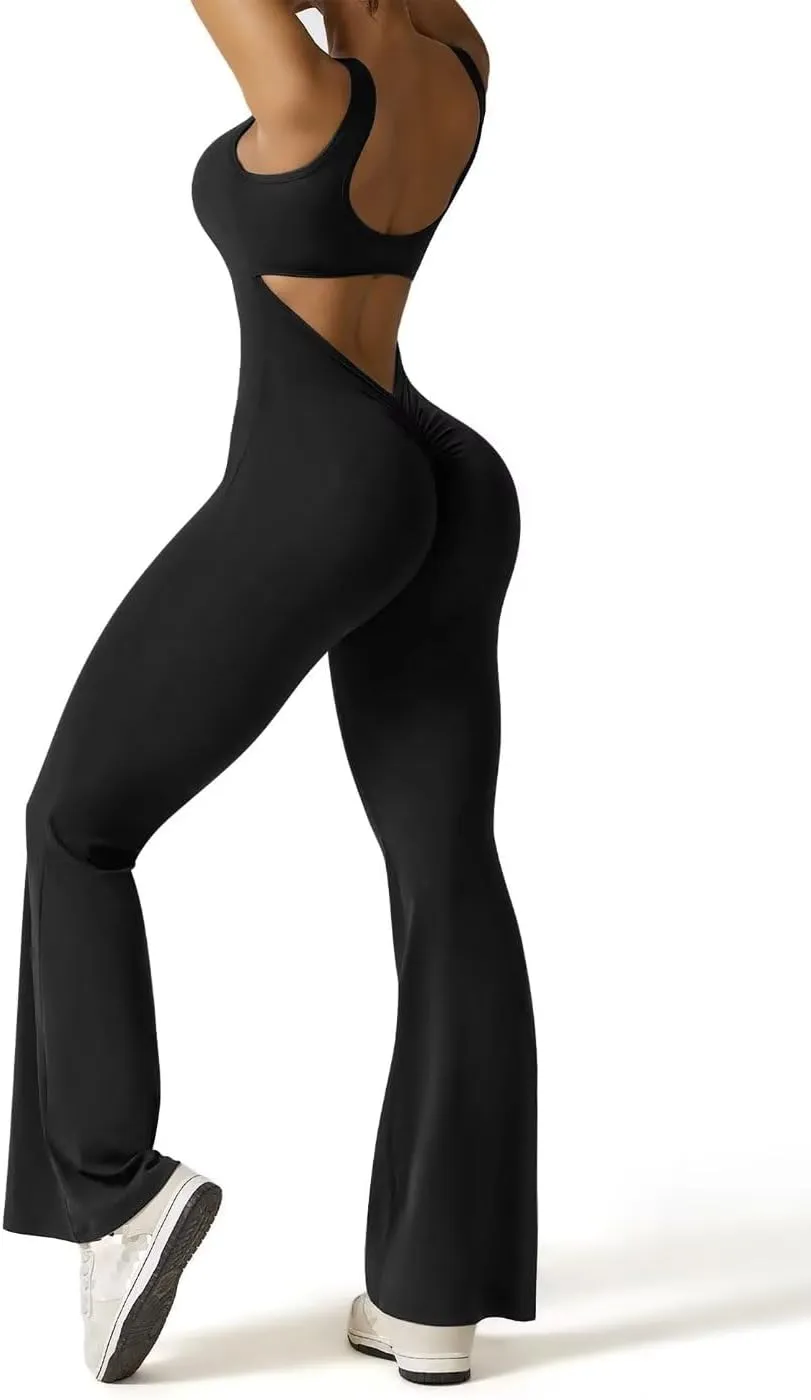 Vertvie Sleeveless Flare Jumpsuits for Women Sexy Backless Bodycon V Back Scrunch Butt Yoga Rompers Seamless Workout Bodysuit