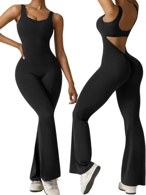 Vertvie Sleeveless Flare Jumpsuits for Women Sexy Backless Bodycon V Back Scrunch Butt Yoga Rompers Seamless Workout Bodysuit