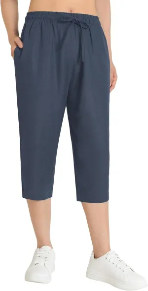 Weintee Women's Petite Linen Capris Capri Pants with Pockets