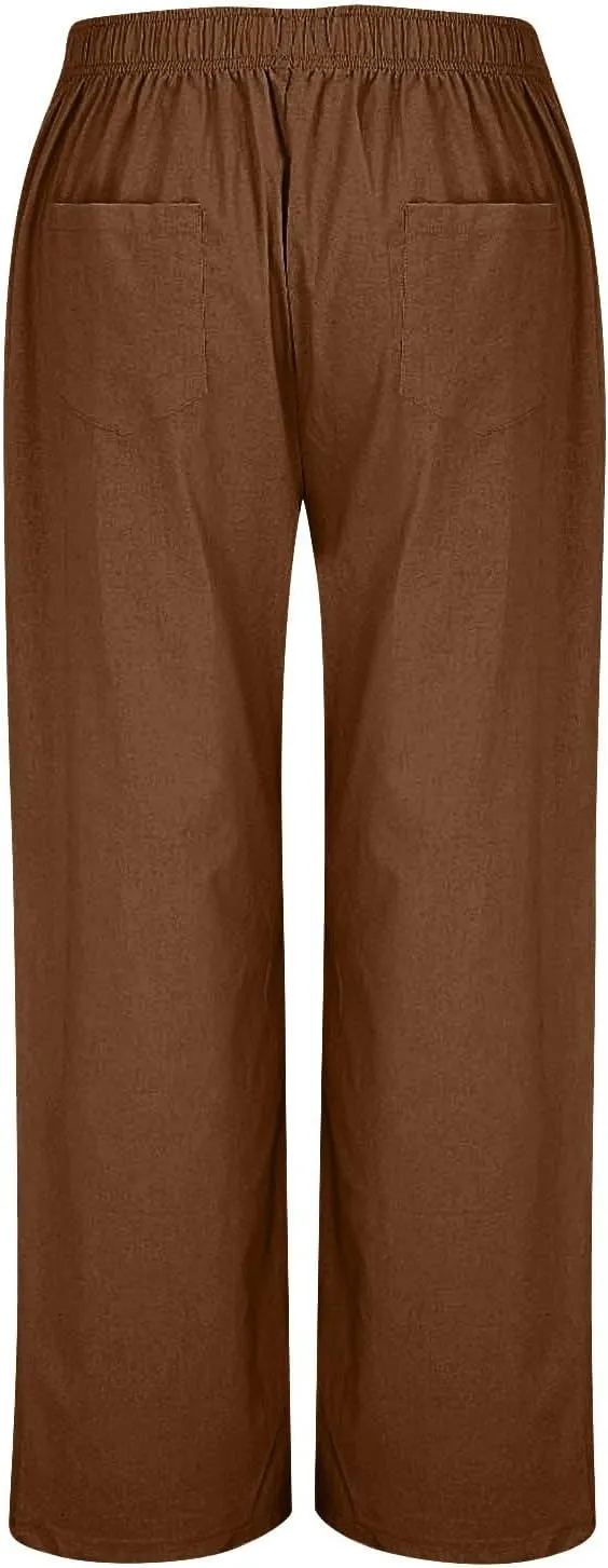 Wide Leg Linen Pants for Women Elastic High Waisted Palazzo Pants Casual Summer Pants Loose Boho Flowy Beach Pants