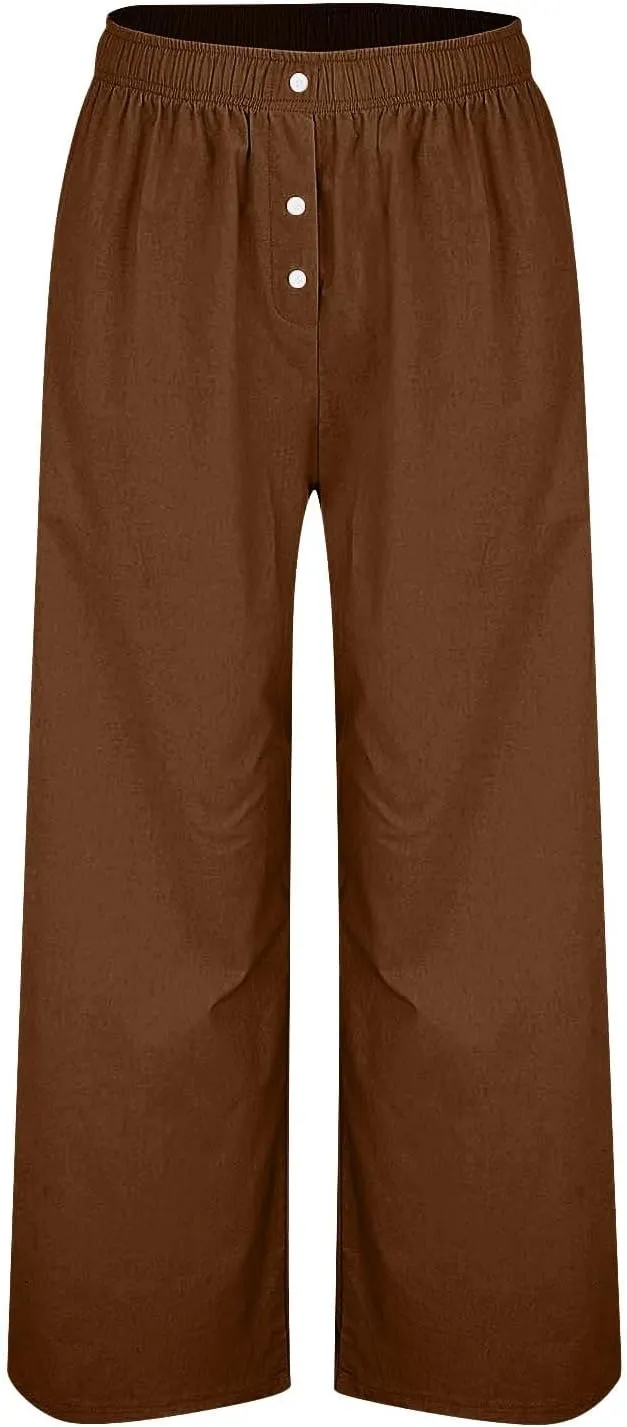Wide Leg Linen Pants for Women Elastic High Waisted Palazzo Pants Casual Summer Pants Loose Boho Flowy Beach Pants