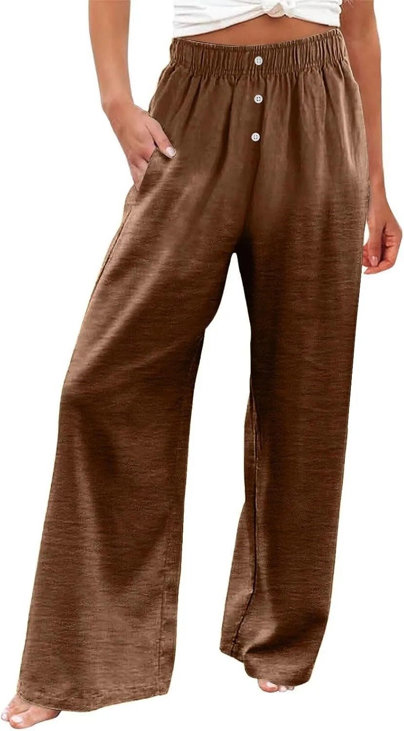 Wide Leg Linen Pants for Women Elastic High Waisted Palazzo Pants Casual Summer Pants Loose Boho Flowy Beach Pants