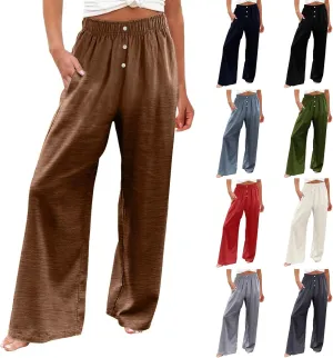Wide Leg Linen Pants for Women Elastic High Waisted Palazzo Pants Casual Summer Pants Loose Boho Flowy Beach Pants