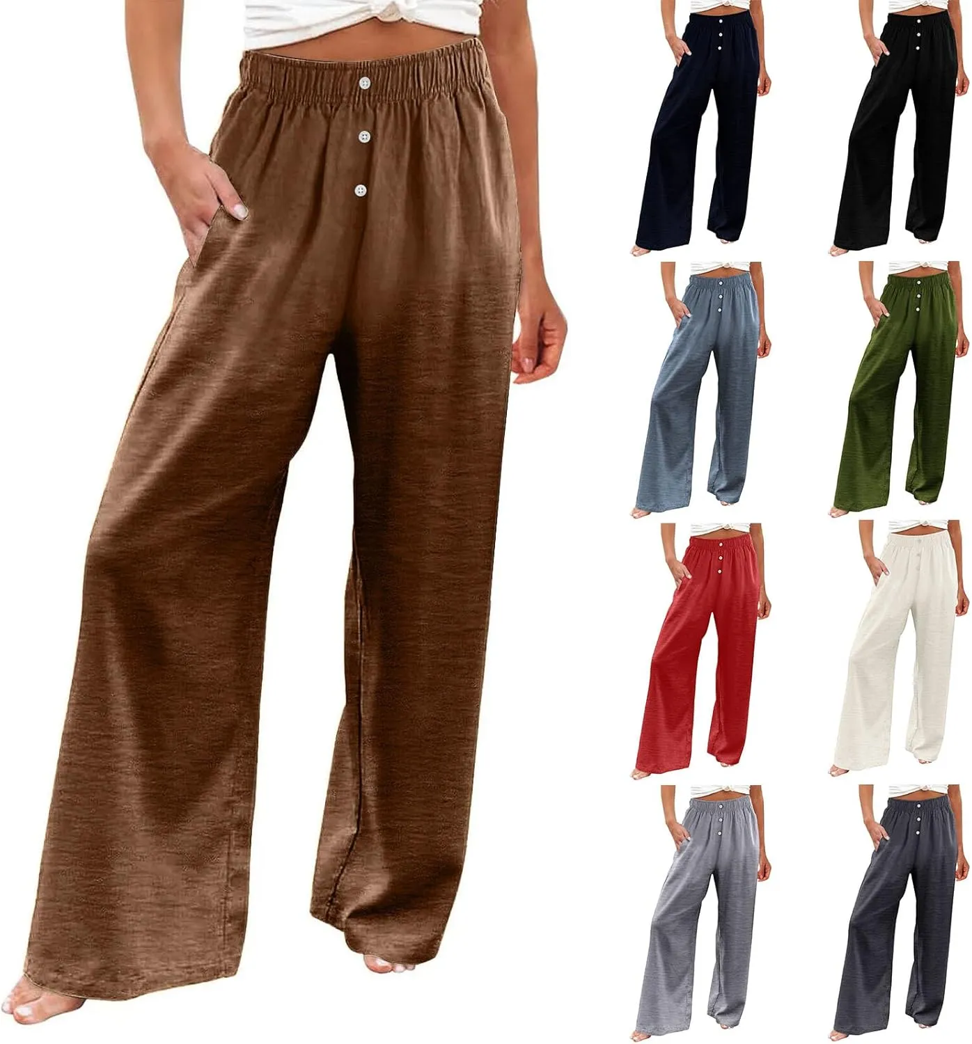 Wide Leg Linen Pants for Women Elastic High Waisted Palazzo Pants Casual Summer Pants Loose Boho Flowy Beach Pants