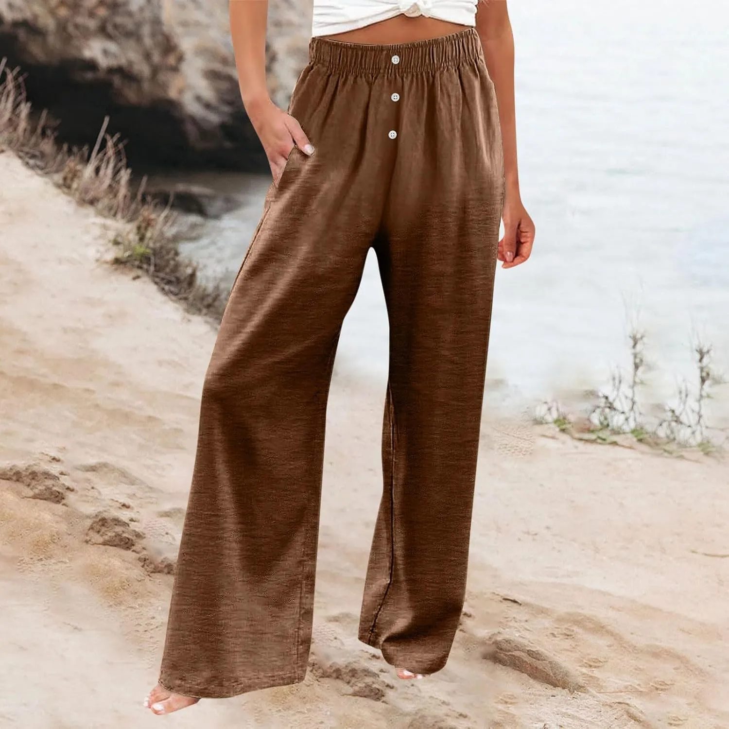 Wide Leg Linen Pants for Women Elastic High Waisted Palazzo Pants Casual Summer Pants Loose Boho Flowy Beach Pants