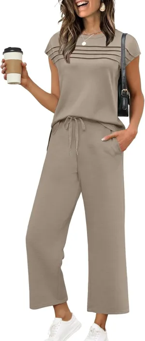 WIHOLL Two Piece Sets for Women Summer Travel Vacation Outfits Cap Sleeve Lounge Matching Sets Wide Leg Pants S-3XL
