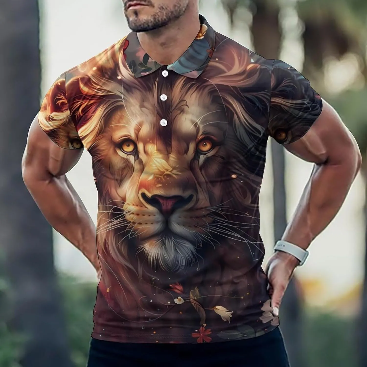 Wild Animals Lion Flowers Mens Polo Shirt Slim Fit Short Sleeve Golf Shirt T-Shirt Tee Top