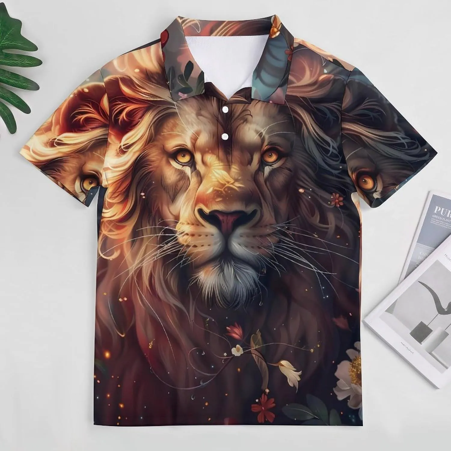 Wild Animals Lion Flowers Mens Polo Shirt Slim Fit Short Sleeve Golf Shirt T-Shirt Tee Top