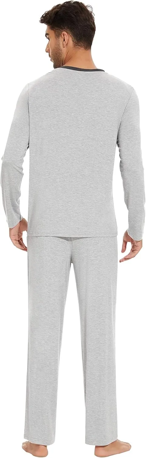 WiWi Men's Viscose from Bamboo Pajama Sets Long Sleeve Top and Pants Sleepwear Nightwear Pjs Loungewear Sleep Set S-XXL
