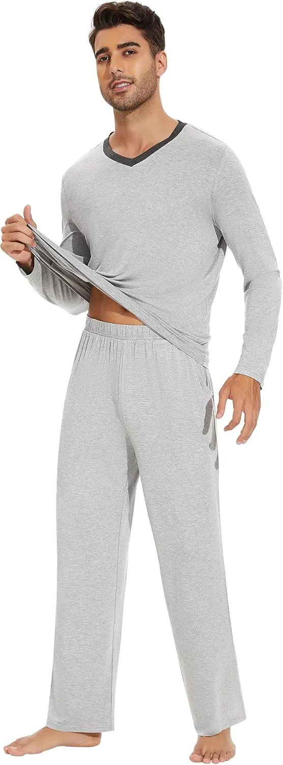 WiWi Men's Viscose from Bamboo Pajama Sets Long Sleeve Top and Pants Sleepwear Nightwear Pjs Loungewear Sleep Set S-XXL