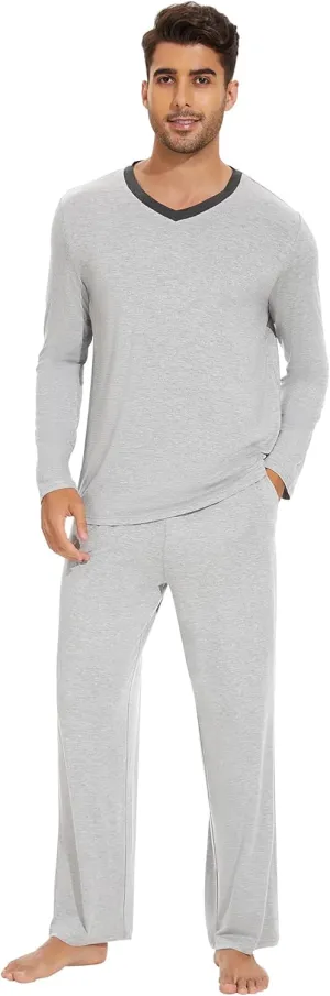 WiWi Men's Viscose from Bamboo Pajama Sets Long Sleeve Top and Pants Sleepwear Nightwear Pjs Loungewear Sleep Set S-XXL