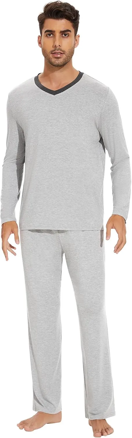 WiWi Men's Viscose from Bamboo Pajama Sets Long Sleeve Top and Pants Sleepwear Nightwear Pjs Loungewear Sleep Set S-XXL