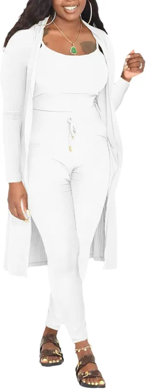 Women 3 Piece Outfits Ribbed Sleeveless Long Cardigan Crop Tank Tops Bodycon Shorts Sets Sweatsuit Lounge Set