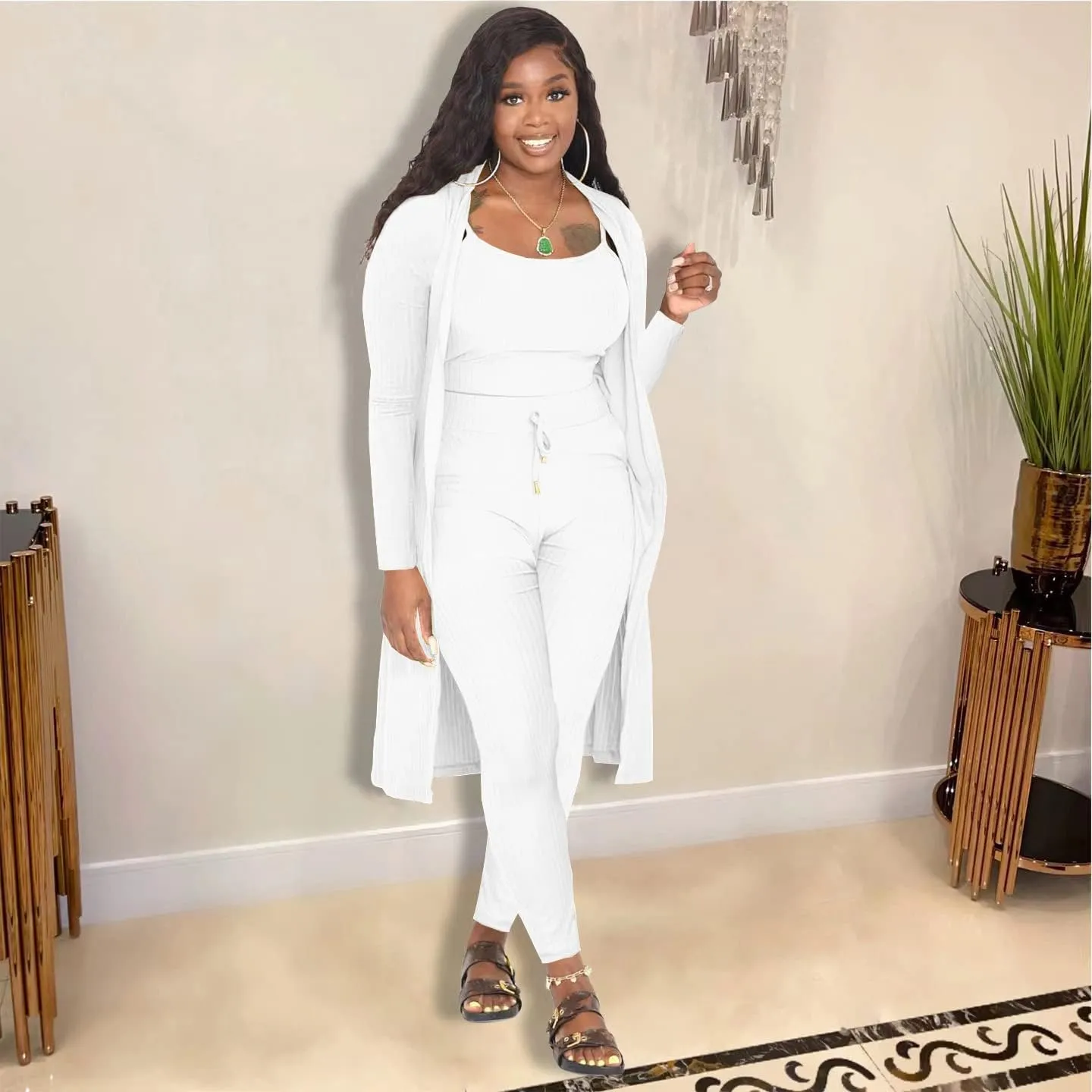 Women 3 Piece Outfits Ribbed Sleeveless Long Cardigan Crop Tank Tops Bodycon Shorts Sets Sweatsuit Lounge Set