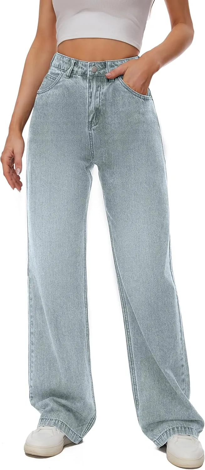Women Casual High Waist Wide Leg Jeans Boyfriends Stretch Long Trousers Denim Pants