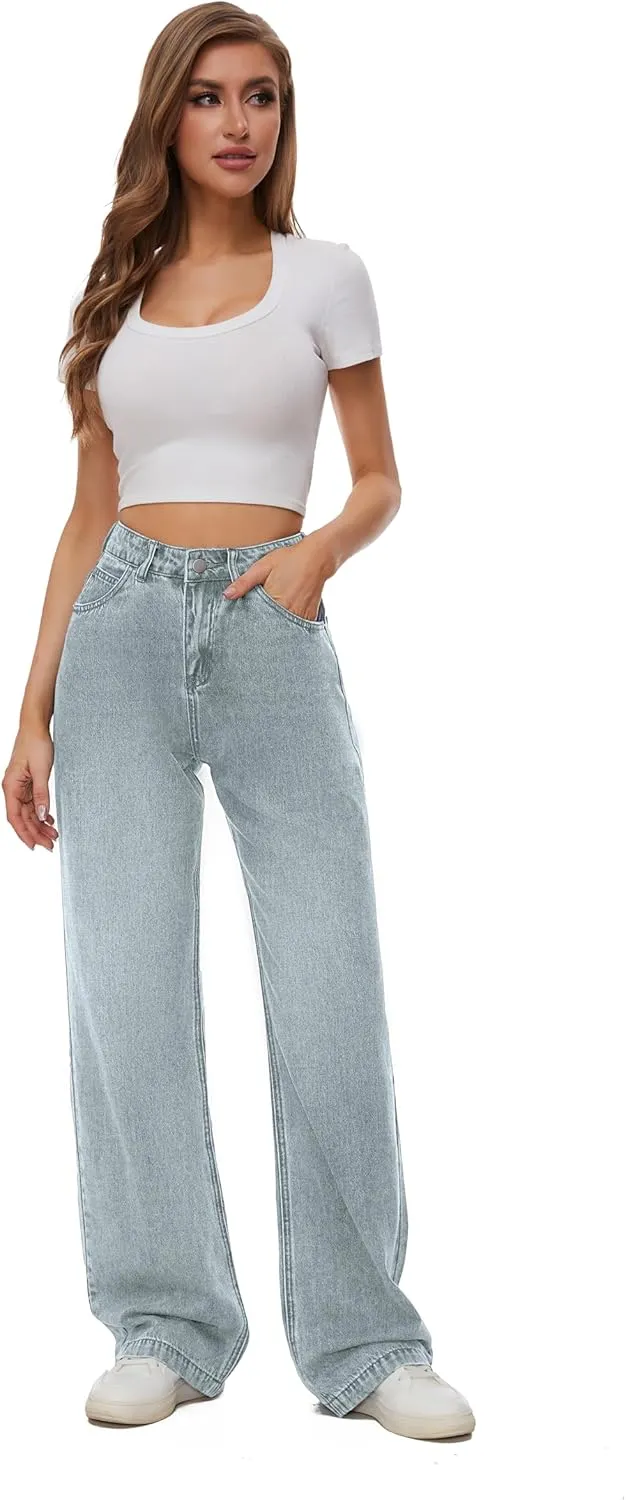 Women Casual High Waist Wide Leg Jeans Boyfriends Stretch Long Trousers Denim Pants