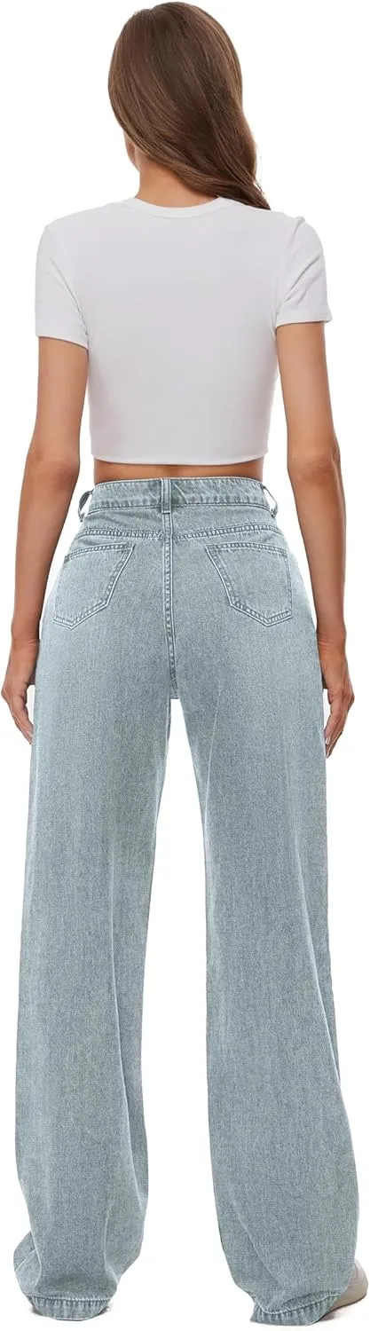 Women Casual High Waist Wide Leg Jeans Boyfriends Stretch Long Trousers Denim Pants