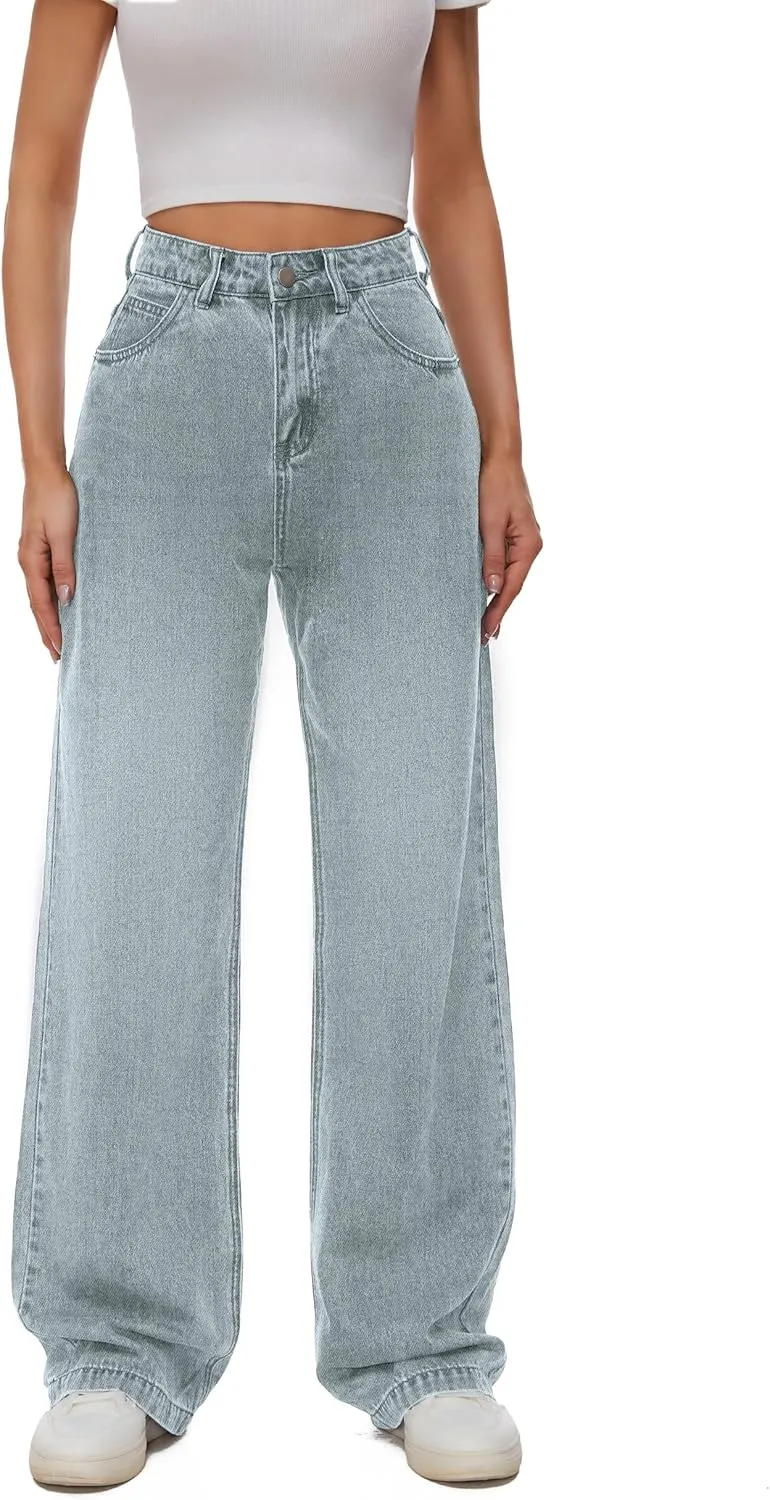 Women Casual High Waist Wide Leg Jeans Boyfriends Stretch Long Trousers Denim Pants