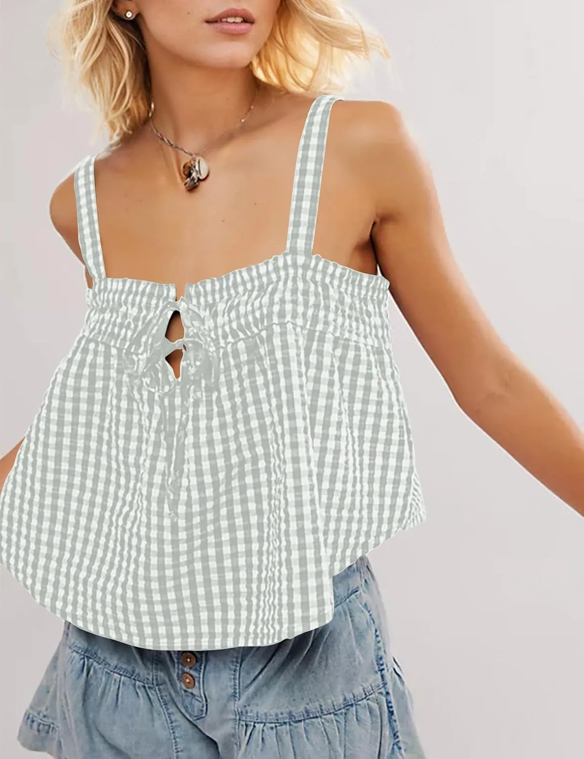 Women Plaid Cropped Camisole Tops Ruched Tie Front Square Neck Backless Loose Cute Crop Cami Tank Adjustable Top