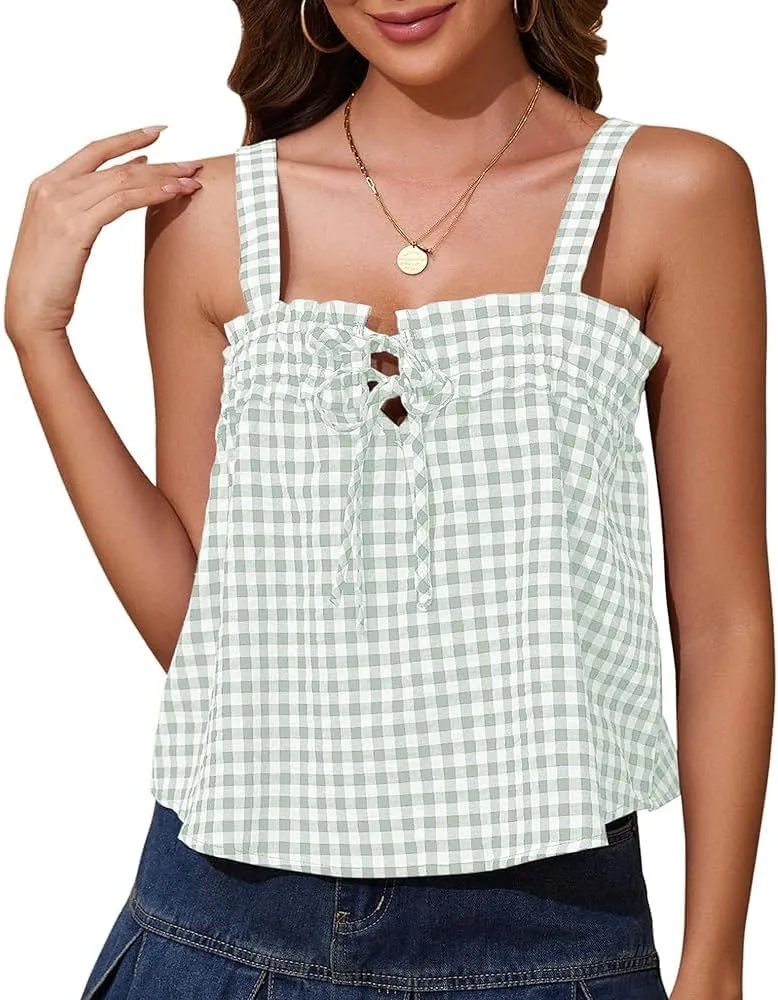 Women Plaid Cropped Camisole Tops Ruched Tie Front Square Neck Backless Loose Cute Crop Cami Tank Adjustable Top