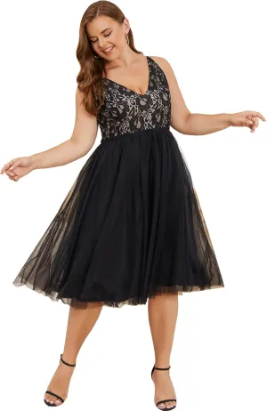 Women Plus Size Floral Lace & Flowy Tulle Tea Length Cocktail Party Dress
