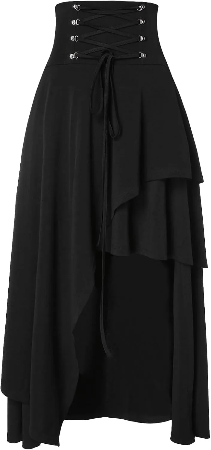 Women Renaissance Ruffle Layered Long Skirt High Waisted Tiered Irregular Hem Pirate Skirts Vintage Party Dress