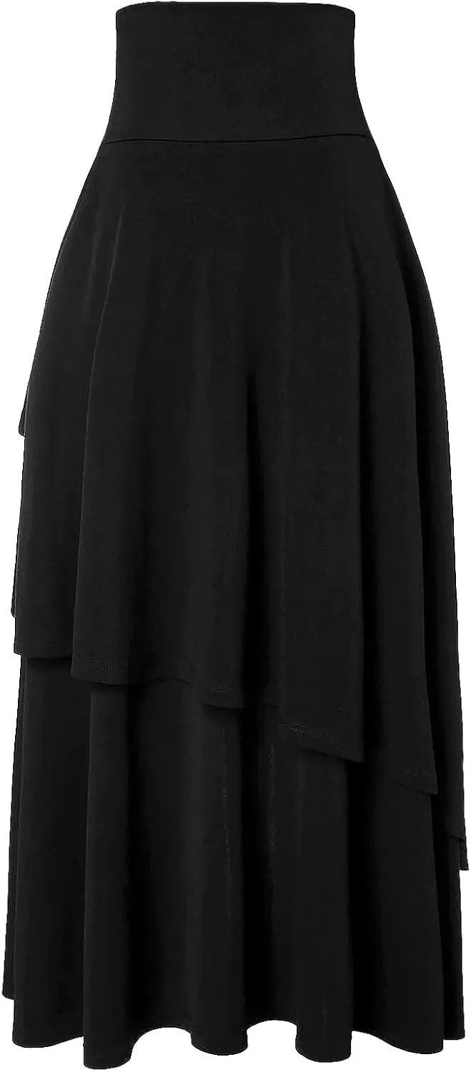Women Renaissance Ruffle Layered Long Skirt High Waisted Tiered Irregular Hem Pirate Skirts Vintage Party Dress