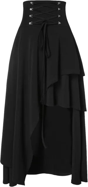 Women Renaissance Ruffle Layered Long Skirt High Waisted Tiered Irregular Hem Pirate Skirts Vintage Party Dress
