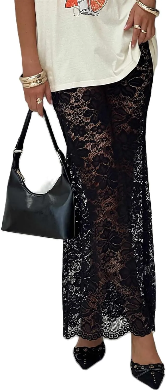 Women Sexy Lace Sheer Maxi Skirt Y2k Floral Lace Mesh Beach Cover-up Long Skirts Fairy Aesthetic Coquette Streetwear