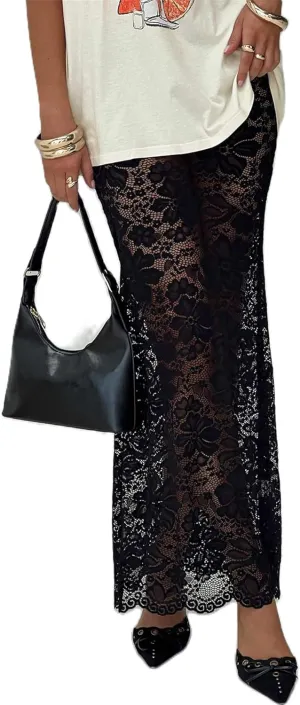 Women Sexy Lace Sheer Maxi Skirt Y2k Floral Lace Mesh Beach Cover-up Long Skirts Fairy Aesthetic Coquette Streetwear