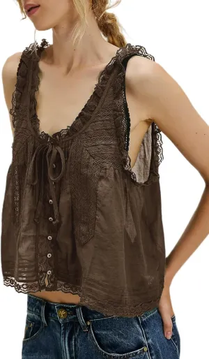 Women Sleeveless Lace Trim Tank Tops Cute Tie Button Front Semi Sheer Crop Vest Summer Ruffled Flowy Cami Shirt