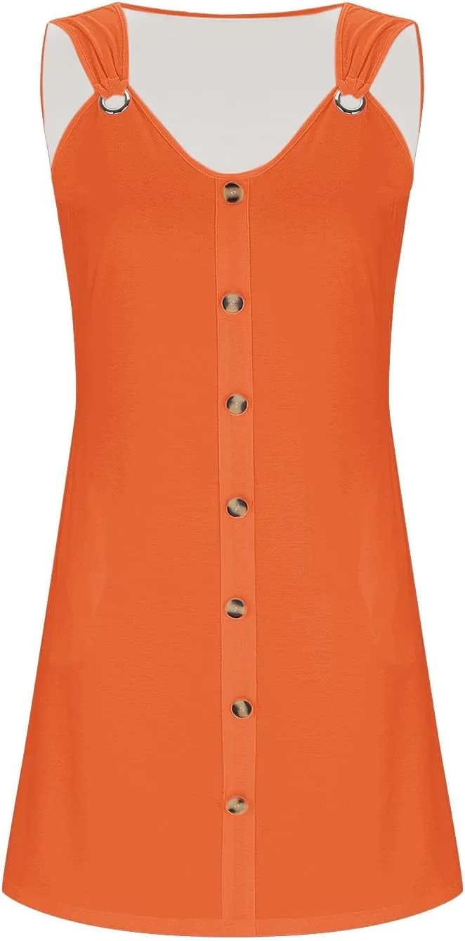Women Summer Dresses Scoop Neck O-Ring Shoulder Sleeveless Button Tank Sundress 2025 Casual Beach A-Line Mini Dress