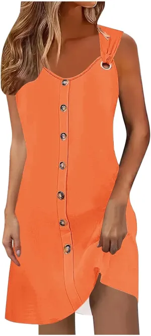 Women Summer Dresses Scoop Neck O-Ring Shoulder Sleeveless Button Tank Sundress 2025 Casual Beach A-Line Mini Dress