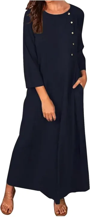 Women Sun Dresses 2024 Casual Summer Bohemian 3/4 Sleeve Dress with Pockets Button Solid Plus Size Elegant Maxi Dress