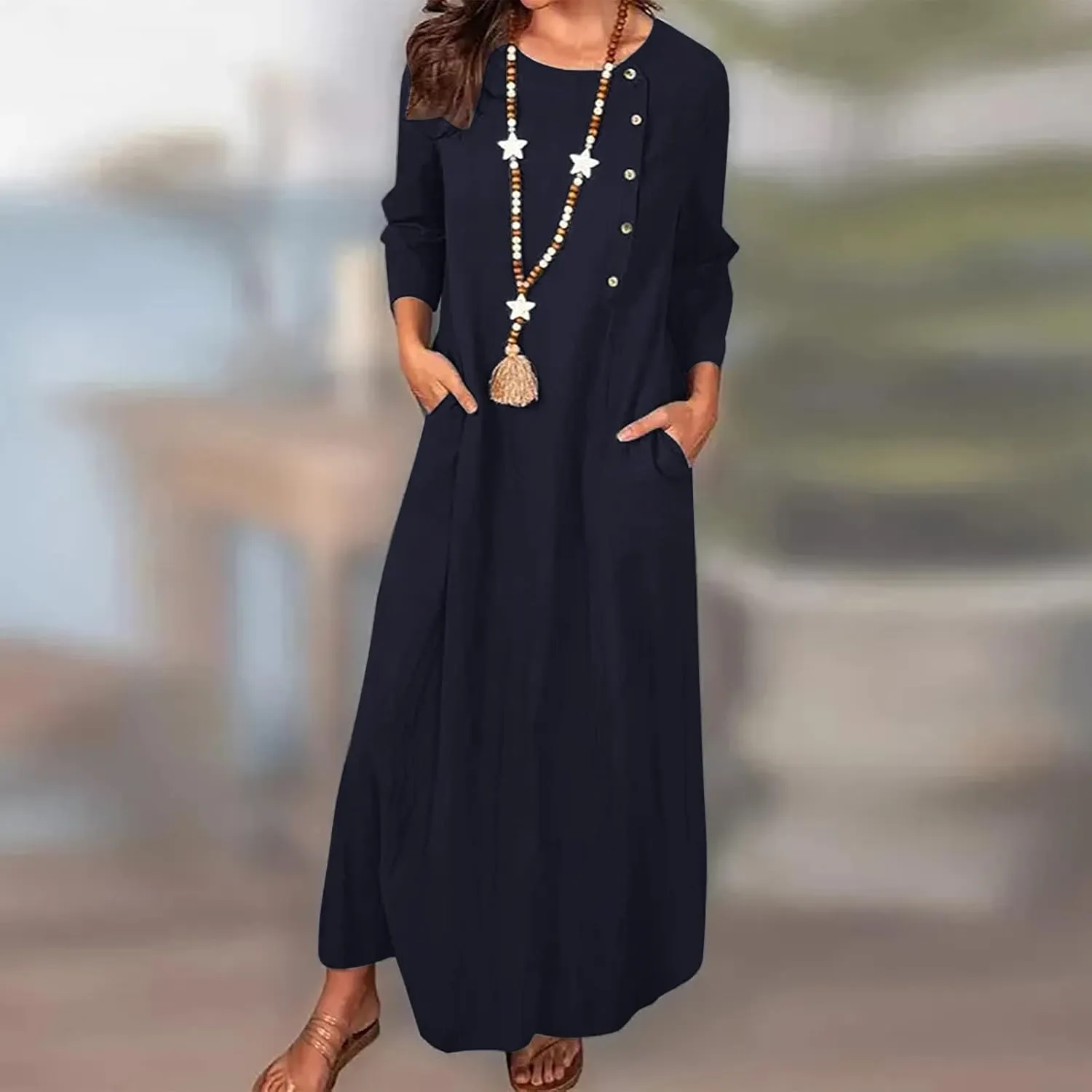 Women Sun Dresses 2024 Casual Summer Bohemian 3/4 Sleeve Dress with Pockets Button Solid Plus Size Elegant Maxi Dress