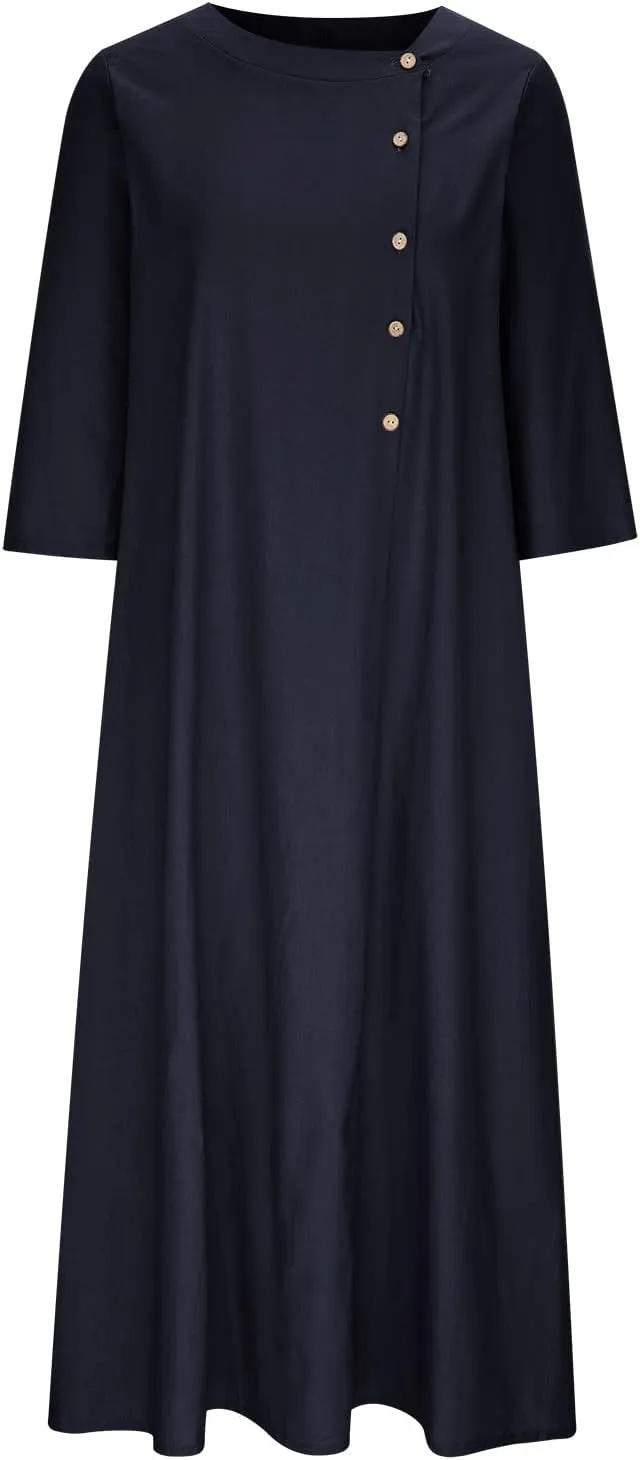 Women Sun Dresses 2024 Casual Summer Bohemian 3/4 Sleeve Dress with Pockets Button Solid Plus Size Elegant Maxi Dress