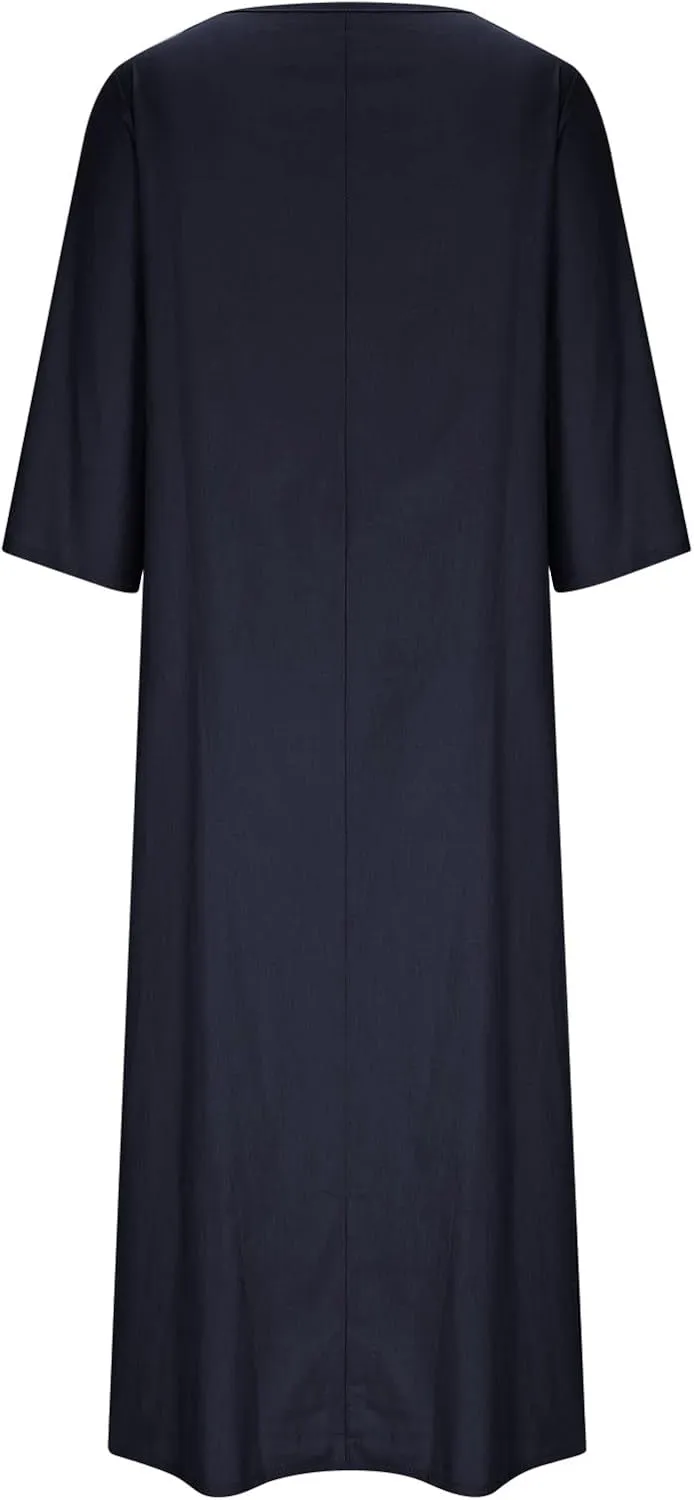 Women Sun Dresses 2024 Casual Summer Bohemian 3/4 Sleeve Dress with Pockets Button Solid Plus Size Elegant Maxi Dress