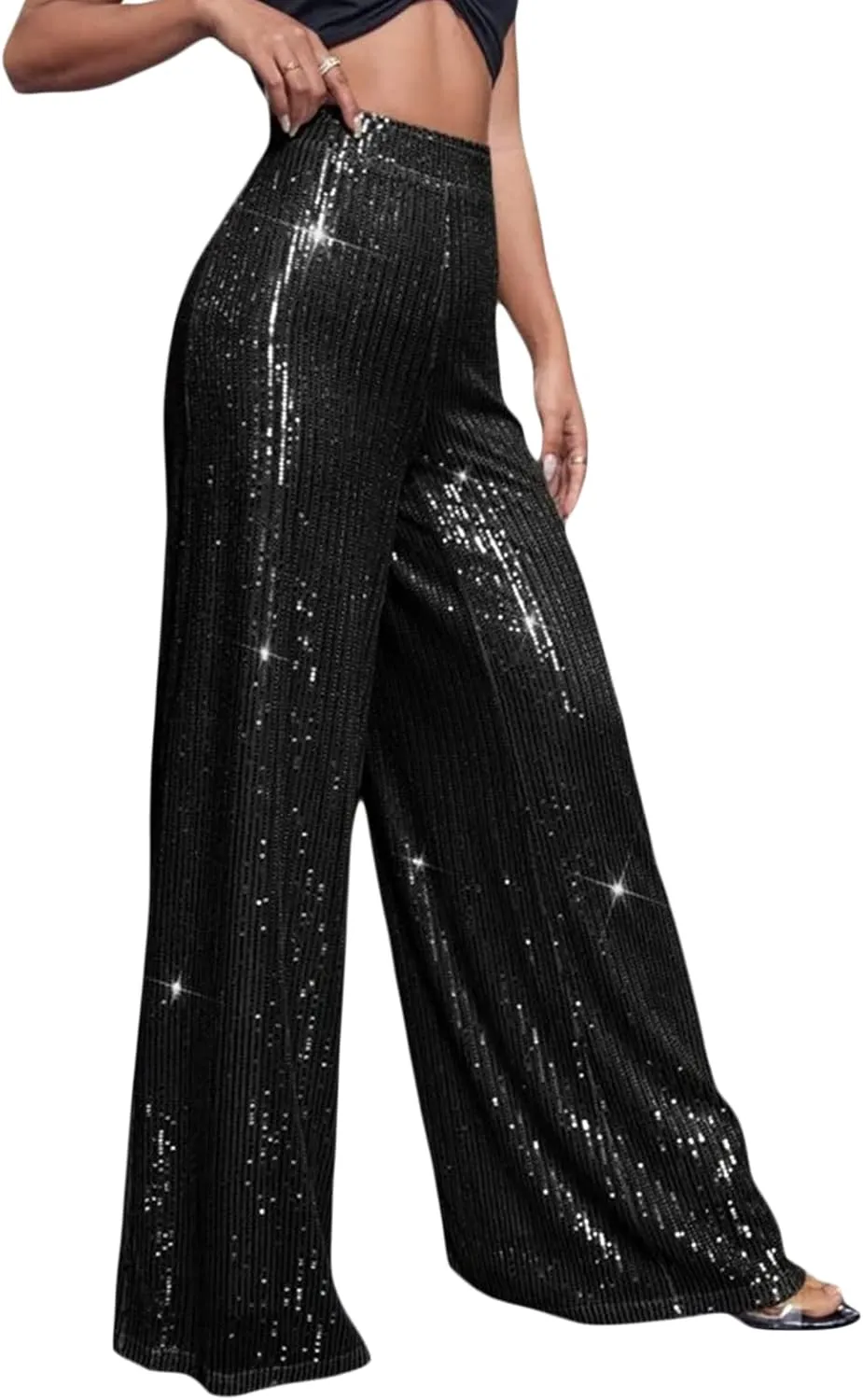 Women Wide Leg Sequin Pants High Waist Shiny Glitter Palazzo Trousers Sparkly Club Outfits