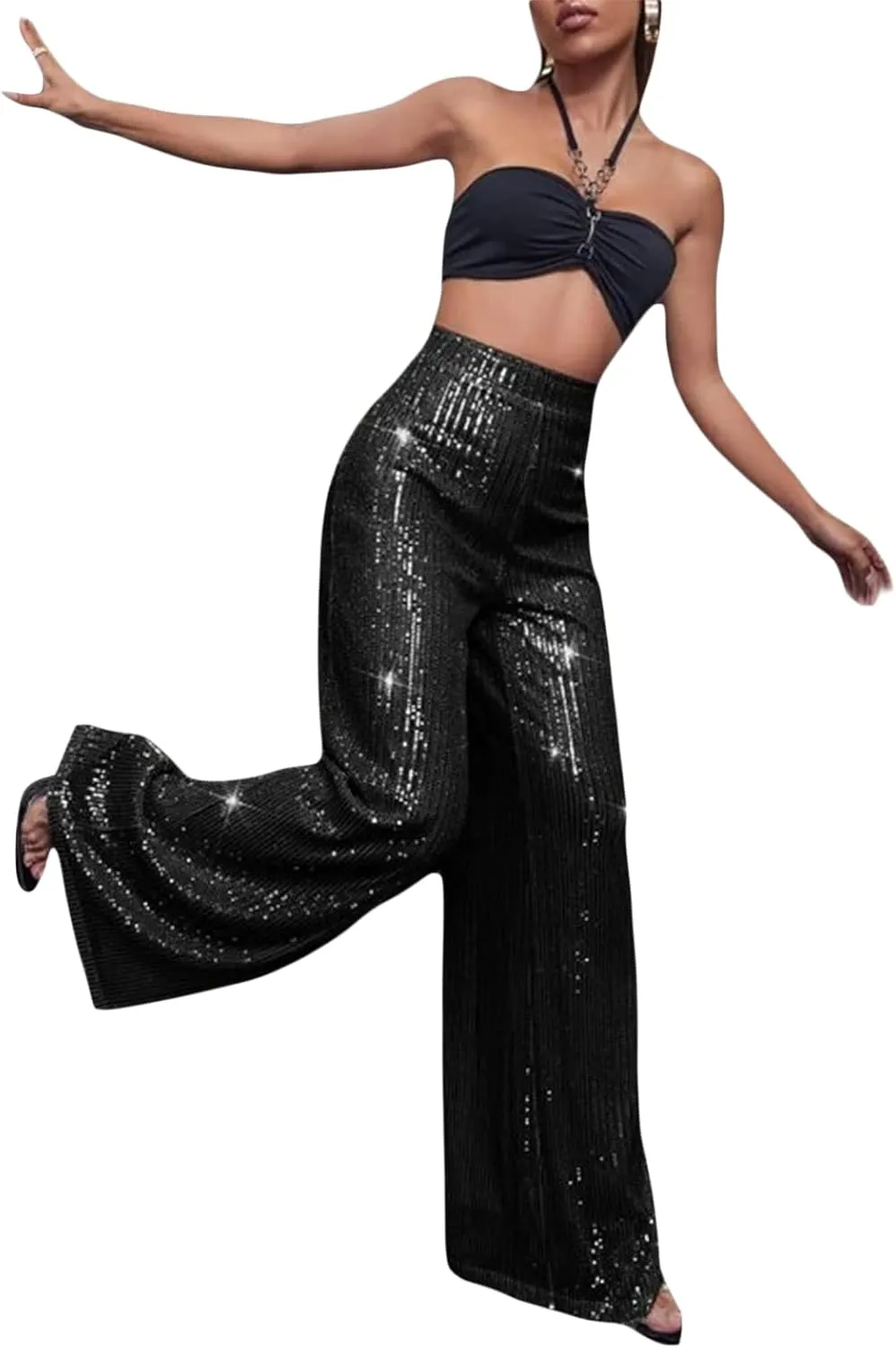 Women Wide Leg Sequin Pants High Waist Shiny Glitter Palazzo Trousers Sparkly Club Outfits