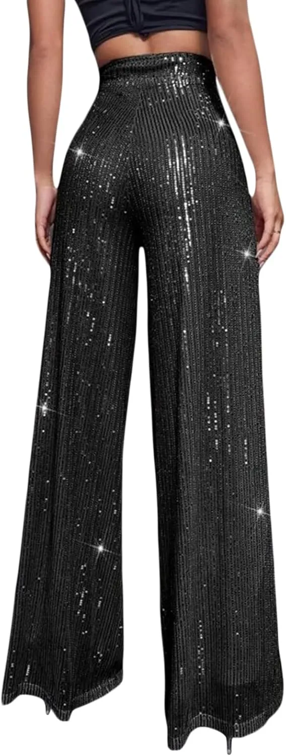 Women Wide Leg Sequin Pants High Waist Shiny Glitter Palazzo Trousers Sparkly Club Outfits