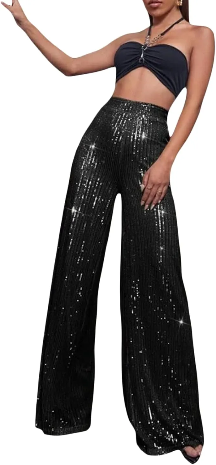 Women Wide Leg Sequin Pants High Waist Shiny Glitter Palazzo Trousers Sparkly Club Outfits