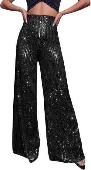 Women Wide Leg Sequin Pants High Waist Shiny Glitter Palazzo Trousers Sparkly Club Outfits
