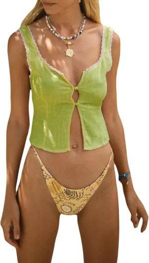Women Y2K Tie Front Split Cami Crop Top Sleeveless Backelss V Neck Lace Trim Tank Top Open Front Top