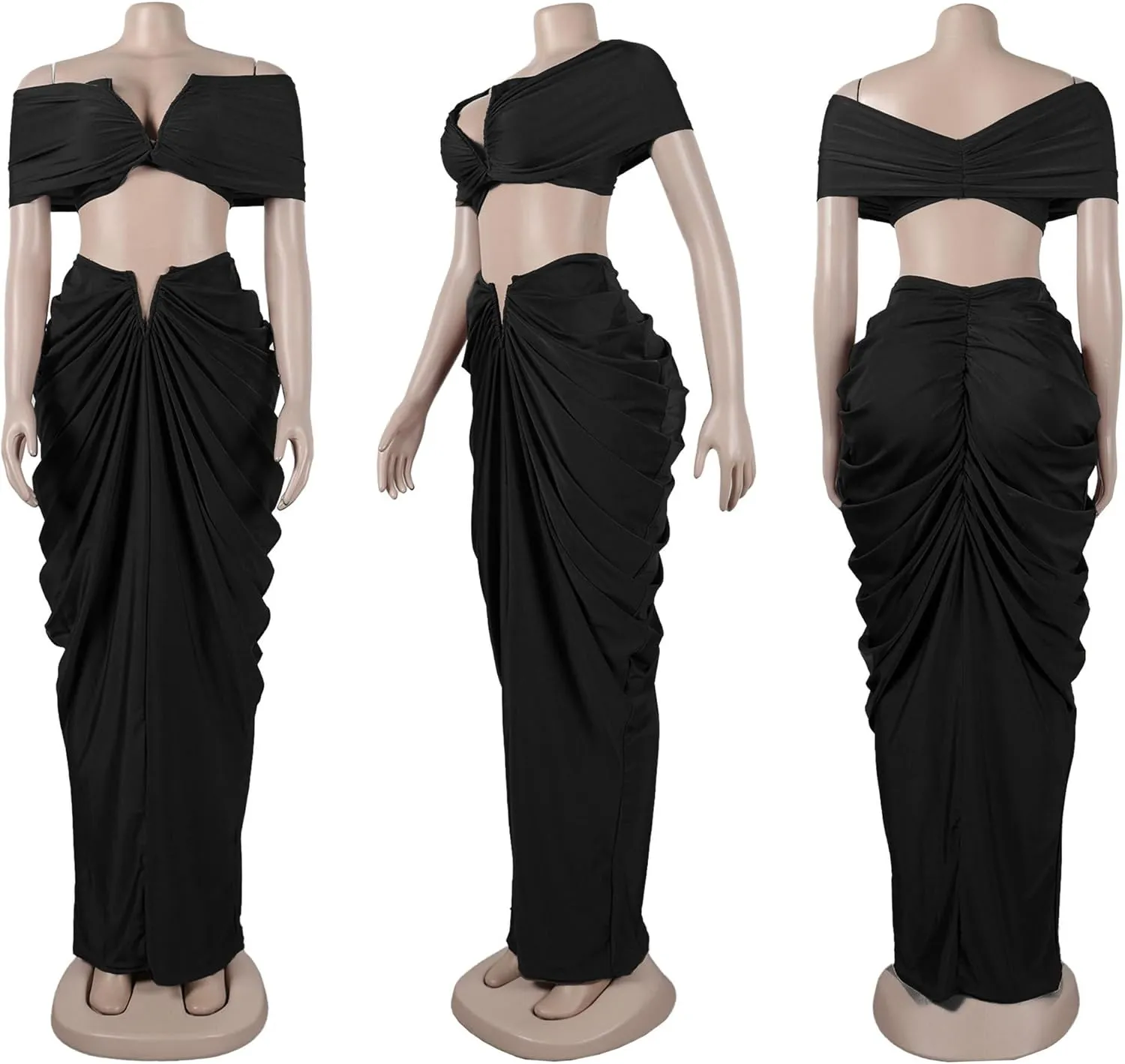Women's 2 Piece Skirts Sets Strapless Sexy V Neck Tube Tops Ruched Pleated Maxi Skirt Cocktail Outfits Clubwear