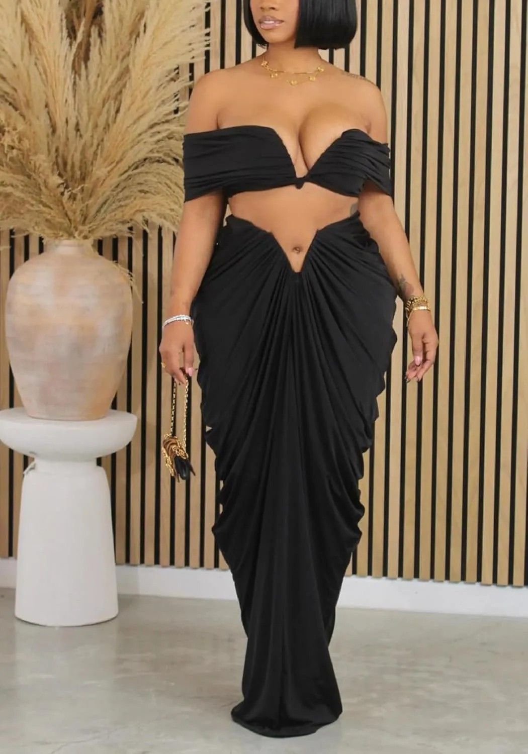 Women's 2 Piece Skirts Sets Strapless Sexy V Neck Tube Tops Ruched Pleated Maxi Skirt Cocktail Outfits Clubwear