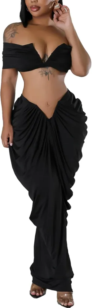 Women's 2 Piece Skirts Sets Strapless Sexy V Neck Tube Tops Ruched Pleated Maxi Skirt Cocktail Outfits Clubwear