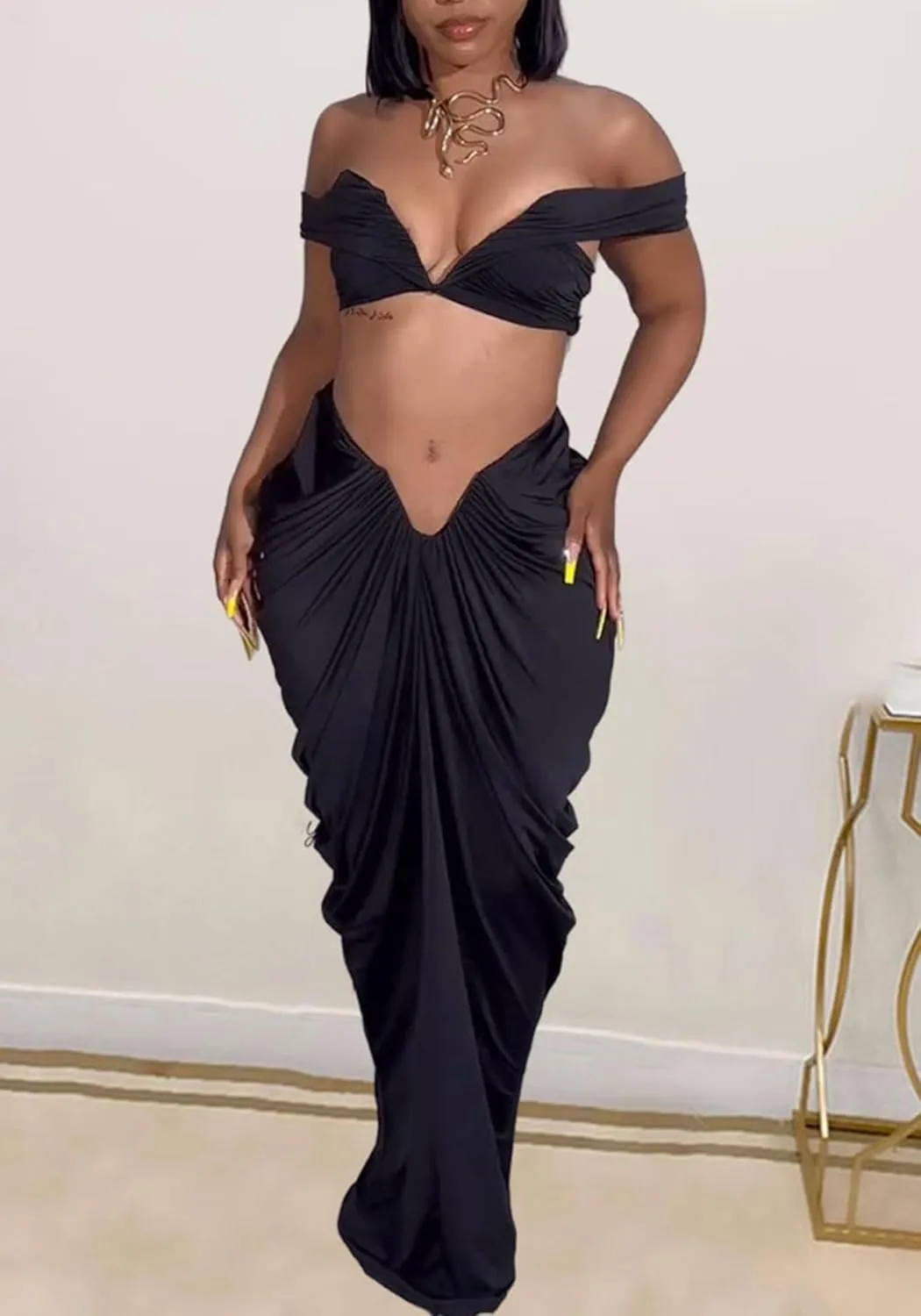 Women's 2 Piece Skirts Sets Strapless Sexy V Neck Tube Tops Ruched Pleated Maxi Skirt Cocktail Outfits Clubwear