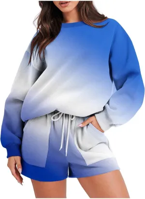 Womens 2 Piece Sweatsuit Sets Gradient Long Sleeve Sweatshirt Matching Lounge Sets Short Pants Set Loungewear