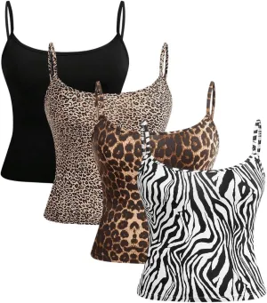 Women's 4 Pcs Plus Size Y2K Leopard Print Cami Crop Tops Spaghetti Strap Camisole Cheetah Tank Top