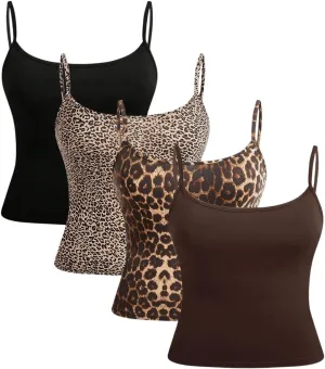Women's 4 Pcs Plus Size Y2K Leopard Print Cami Crop Tops Spaghetti Strap Camisole Cheetah Tank Top